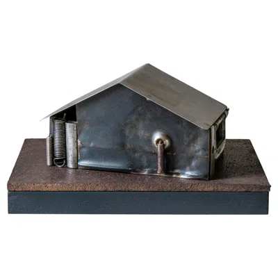 Pre-owned Jim Rose Found And Salvaged Steel House Structure On A Reclaimed Steel Plate, Wooden Base In Brown