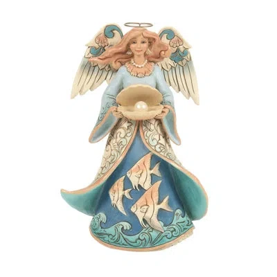 Jim Shore Heartwood Creek Coastal Angel Holding A Shell With A Pearl Figurine 7.87 Inch In Blue;white