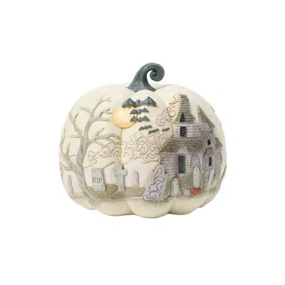 Jim Shore Heartwood Creek Halloween Pumpkin With Bats Flying Figurine 7.87in In Orange;white;gray