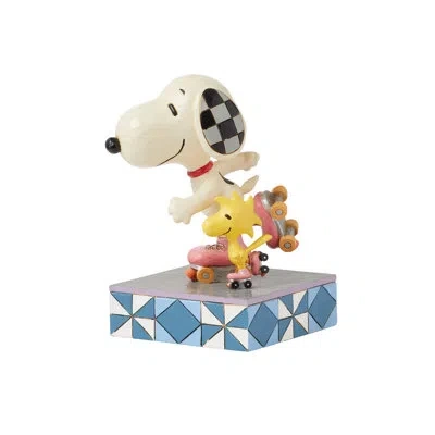 Jim Shore Peanuts By  Snoopy & Woodstock Roller Skating Figurine 5.1in H In Blue;black;white;yellow;pink;silver