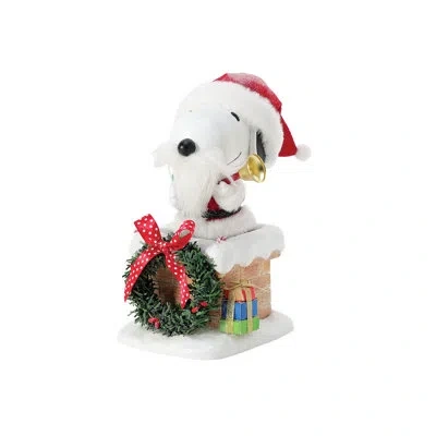 Jim Shore Peanuts Licensed  Snoopy On The Rooftop Santa 8in In Blue;black;brown;white;green;red
