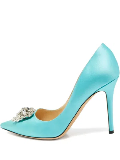 Pre-owned Jimmy Choo 100mm Crystal-embellishment Satin Pumps In Blue