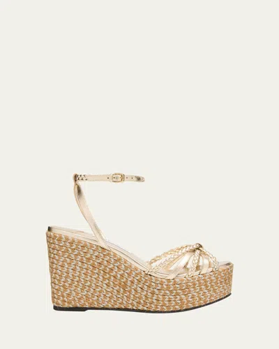 Jimmy Choo 100mm Dree Metallic Leather Espadrille Wedge Sandals In Gold