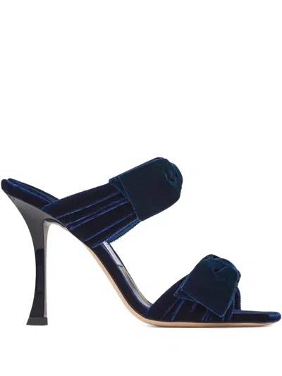 Jimmy Choo 100mm Flaca Pleated-bow Velvet Sandals In Blue
