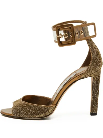 Pre-owned Jimmy Choo 100mm Glitter Buckle Sandals In Gold