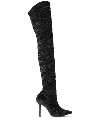 Jimmy Choo Lotta 100 Ruched Crushed-velvet Over-the-knee Boots In Black