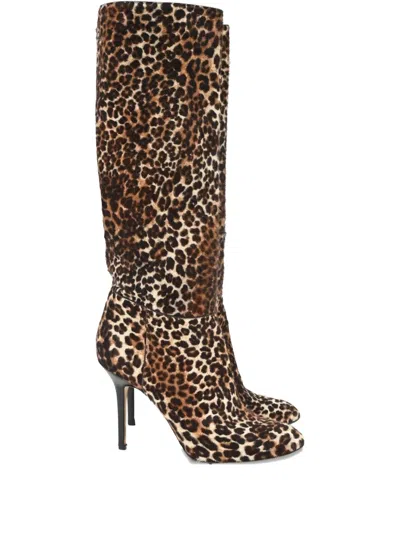 Pre-owned Jimmy Choo 100mm Leopard-print Knee-high Boots In Brown