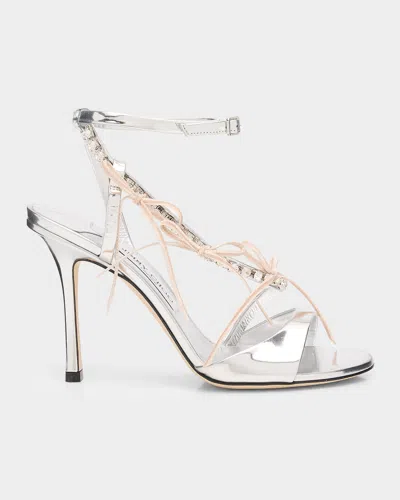 JIMMY CHOO 100MM LULA METALLIC LEATHER SANDALS WITH CRYSTAL BOWS