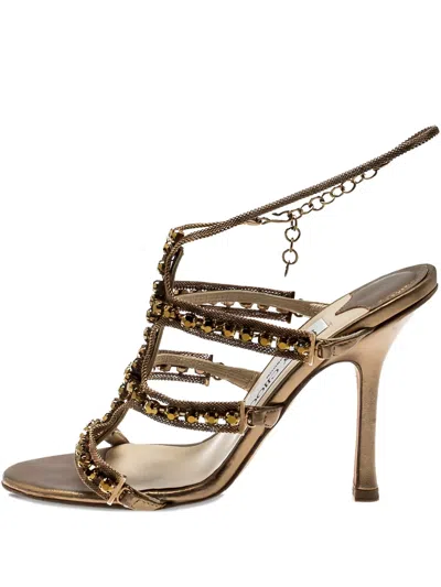 Pre-owned Jimmy Choo 100mm Metal Chain Embellished Sandals In Gold