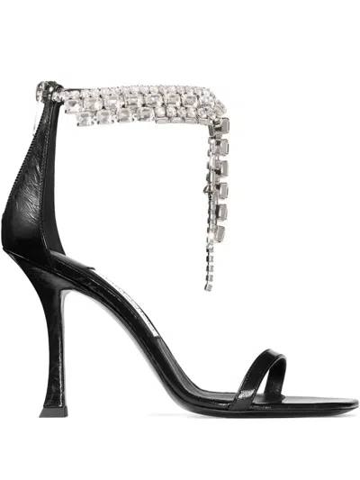 Jimmy Choo Black Vintage Leather Sandals With Crystals Detail