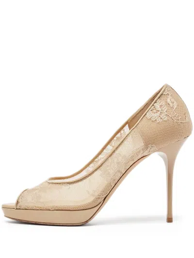 Pre-owned Jimmy Choo 105mm Floral-lace Peep-toe Pumps