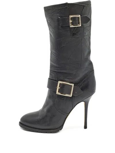 Pre-owned Jimmy Choo 105mm Leather Knee-high Boots In Black