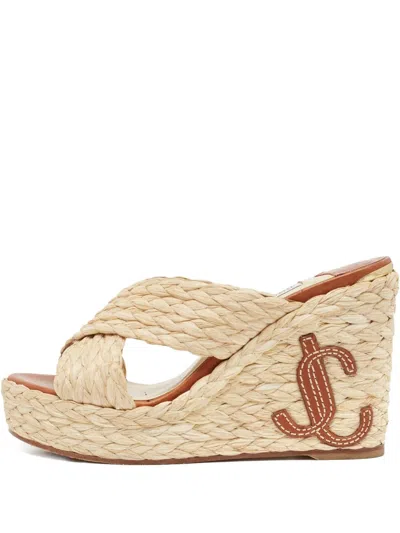 Pre-owned Jimmy Choo 110mm Dovina Wedge Sandals In Neutral