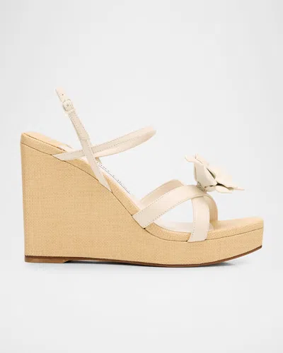 Jimmy Choo 110mm Elsy Flower Leather Wedge Sandals In Brown