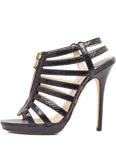 Pre-owned Jimmy Choo 110mm Glenys Snakeskin Leather Sandals In Black