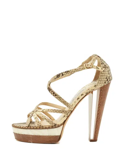 Pre-owned Jimmy Choo 110mm Python-embossed Ankle-strap Sandals In Neutral