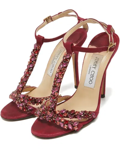 Pre-owned Jimmy Choo 115mm Crystal-embellished Suede Sandals In Red