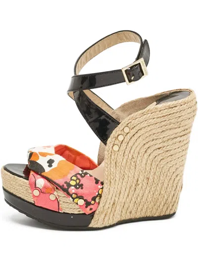 Pre-owned Jimmy Choo 120mm Floral-print Wedge Sandals In Black