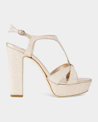 Jimmy Choo 120mm Kesia Glitter Leather Platform Sandals In White