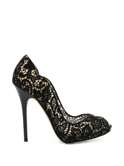 Pre-owned Jimmy Choo 120mm Lace Peep-toe Sandal In Black