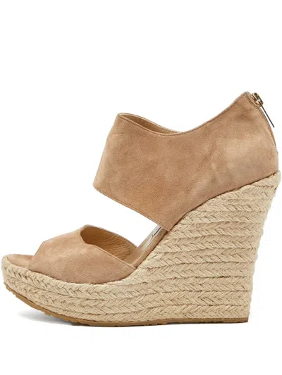 Pre-owned Jimmy Choo 120mm Suede Wedge Sandals In Neutral
