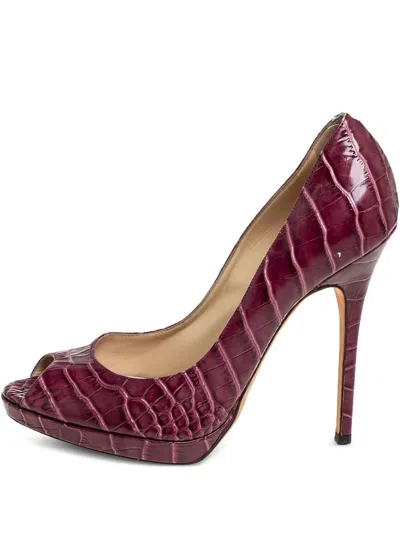Pre-owned Jimmy Choo 130mm Crocodile-embossed Peep-toe Pumps In Red
