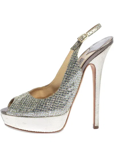 Pre-owned Jimmy Choo 155mm Glitter Slingback Sandals In Silver