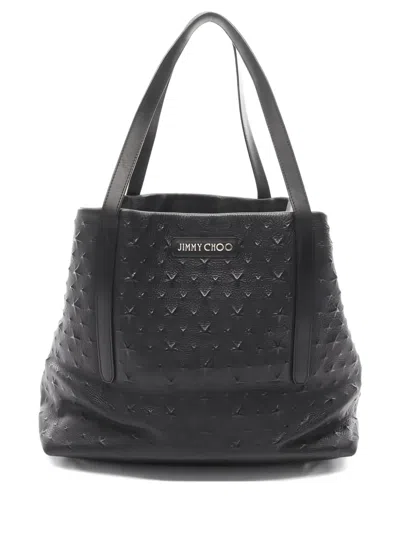 Pre-owned Jimmy Choo 2000s Sara M Star-embossed Leather Tote Bag In Black