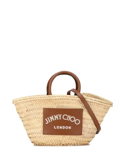 Pre-owned Jimmy Choo 21th Century Logo Raffia Basket Bag Satchel In Brown