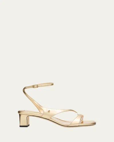 Jimmy Choo 45mm Faye Metallic Leather Asymmetric Ankle-strap Sandals In Gold