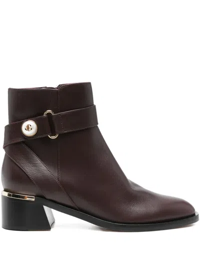 Jimmy Choo 45mm Noor Pearl-embellished Buckle Boots In Brown