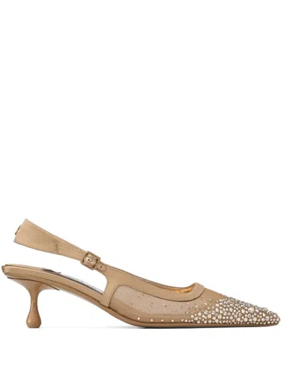 Jimmy Choo Amel 50 Crystal-embellished Mesh And Satin Slingback Pumps In Beige