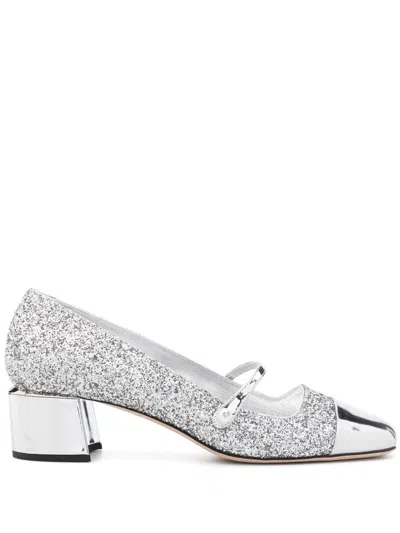 Jimmy Choo Glitter Mary Jane Pumps With Metallic Accents In Silver