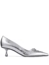 Jimmy Choo Scarlett 50 Lace-up Crinkled Metallic Leather Point-toe Pumps In Silver