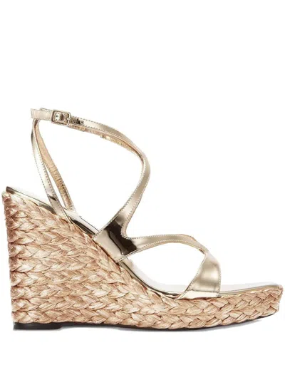 Jimmy Choo 85mm Ayla Metallic Cross-strap Wedge Sandals In Gold