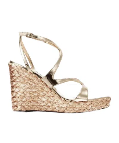 Jimmy Choo 85mm Ayla Metallic Cross-strap Wedge Sandals In Neutral