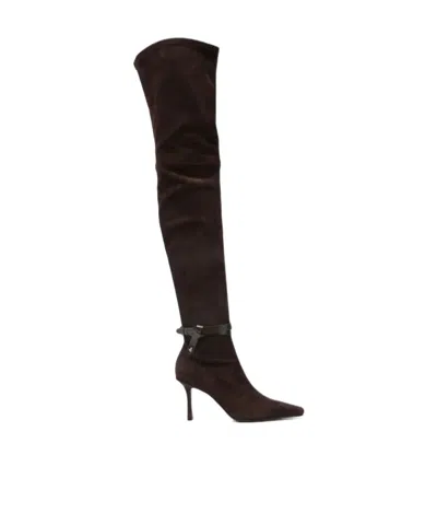Jimmy Choo Camie 85 Leather-trimmed Suede Over-the-knee Boots In Brown