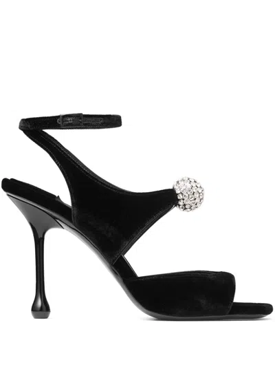 Jimmy Choo Orb 95 Embellished Velvet Sandals In Black/crystal