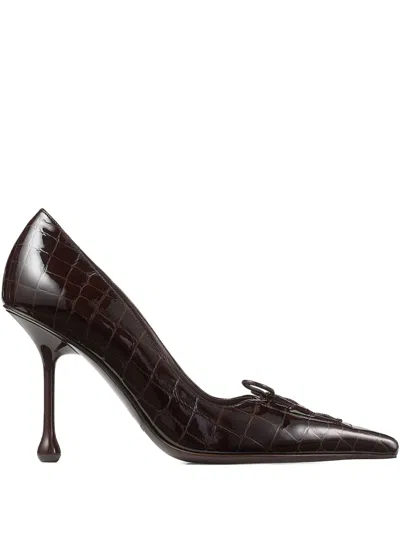 JIMMY CHOO 95MM SCARLETT BOW CROC-EMBOSSED LEATHER PUMPS
