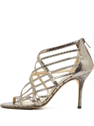 Pre-owned Jimmy Choo 95mm Snakeskin Leather Cage Sandals In Gray