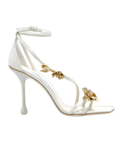 Jimmy Choo Women's Zea 95 Flower Jewel Satin Sandals In White