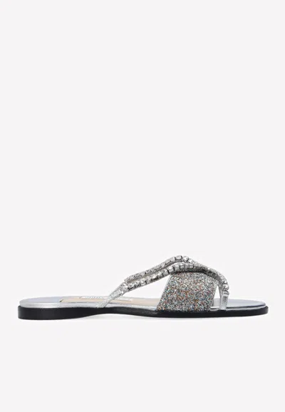 Jimmy Choo Aadi Crystal-embellished Leather Flat Sandals In Silver