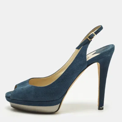 Pre-owned Jimmy Choo Aadi Size 38 Navy Blue Suede Platform Slingback Pumps