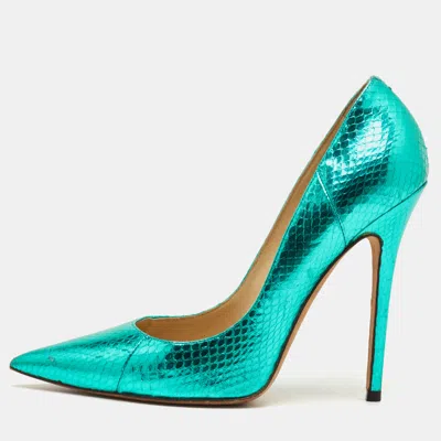 Pre-owned Jimmy Choo Abel Size 39.5 Metallic Green Snakeskin Embossed Leather Pointed Toe Pumps