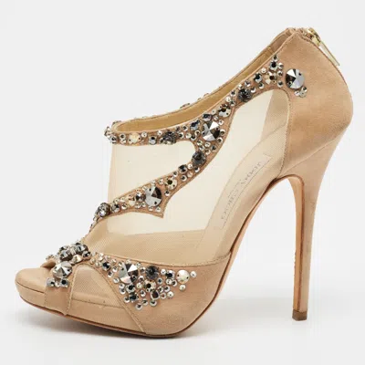 Pre-owned Jimmy Choo Accents Quinzie Size 39.5 Beige Mesh And Suede Crystal Embellished Platform Open Toe Pumps