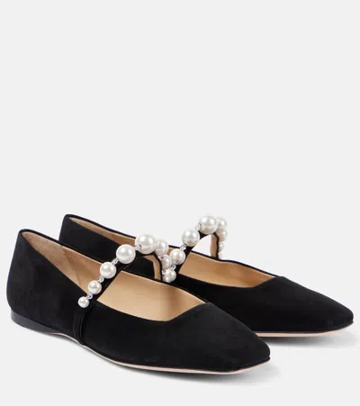 Jimmy Choo Ade Suede Pearly-stud Mary Jane Ballerina Flats In Black