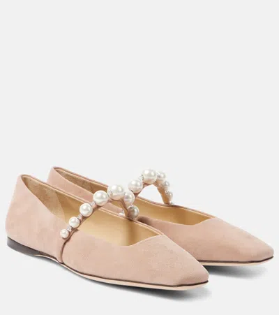 Jimmy Choo Ade Embellished Suede Ballet Flats In Beige