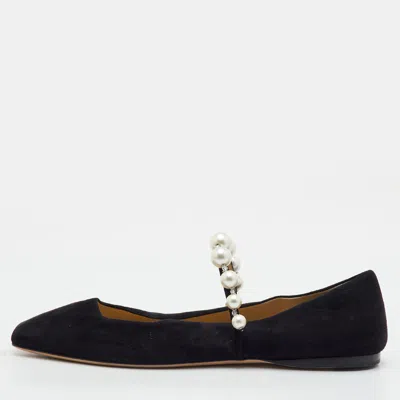 Pre-owned Jimmy Choo Ade Size 39.5 Black Suede Pearl Mary Jane Ballet Flats