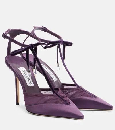 Jimmy Choo Afia 100 Velvet-trimmed Satin Pumps In Purple