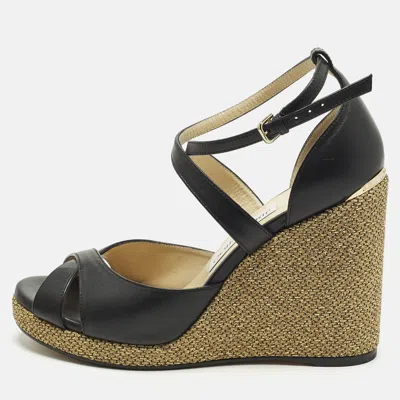 Pre-owned Jimmy Choo Alanah Size 39 Black Leather Wedge Sandals